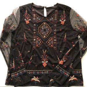 DEX Black Pattern Top with Beaded Detail Size L Fitted with Mesh Sleeves